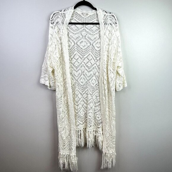 Pink Rose white‎ crochet fringe cover up size small - Picture 1 of 8